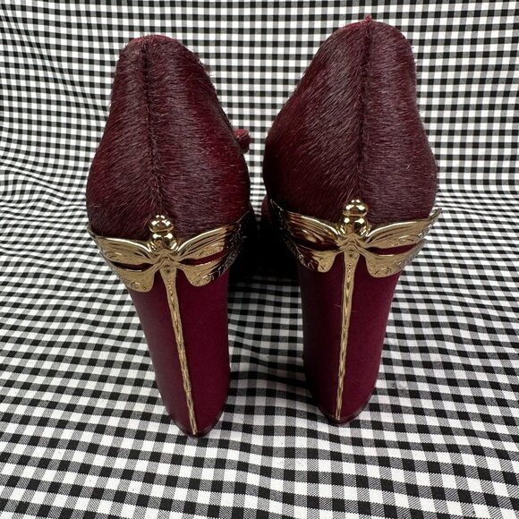 Tory Burch Satin Burgundy Red Mary Jane Imogene Gold Dragonfly Heel Women's 8.5 - Picture 3 of 6